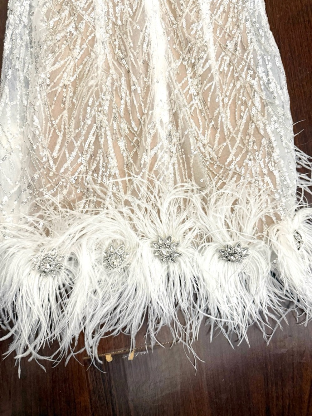 NADINE MERABI  Mila White Feather Sequin Ivory Mini Dress with Nude Slip Sz S - Picture 12 of 17